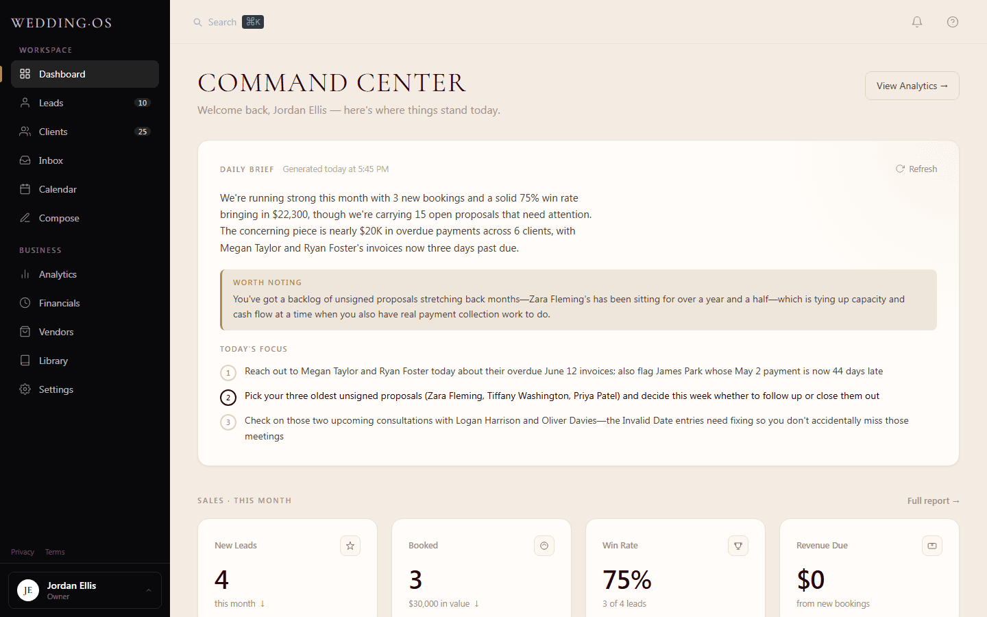 WeddingOS dashboard