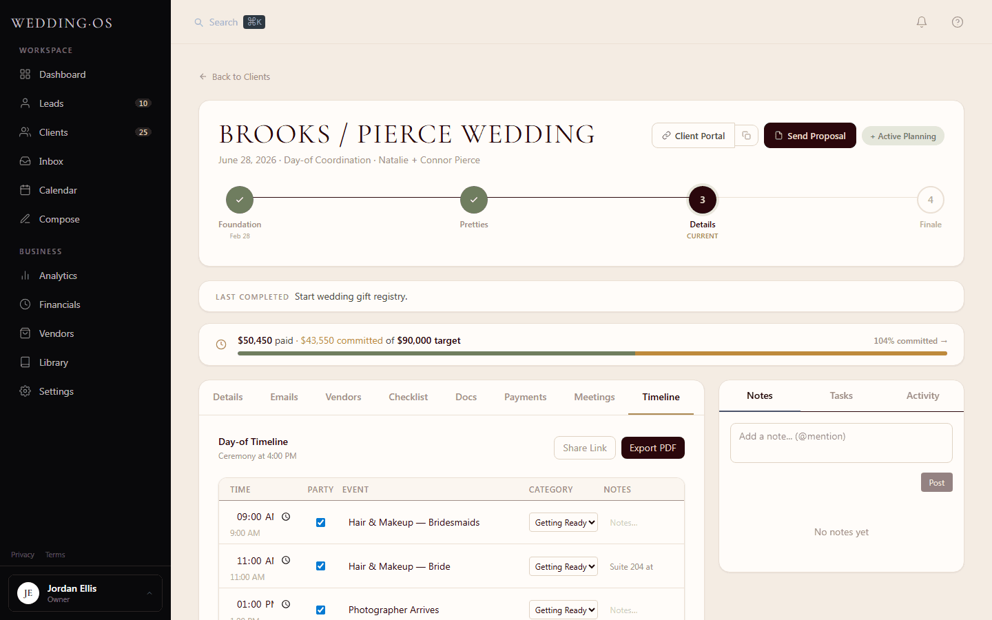WeddingOS timeline builder